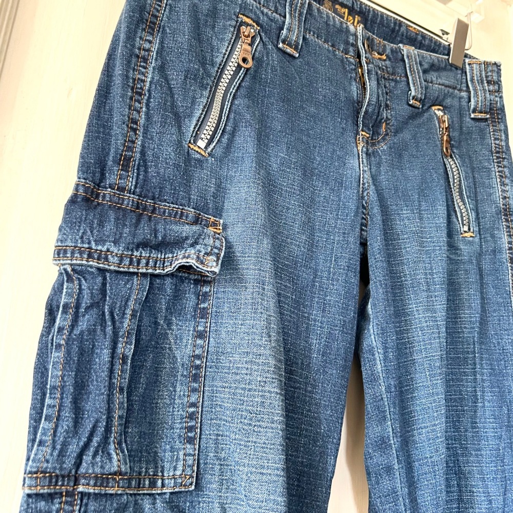 Vintage Y2K L.E.I. Low Rise Baggy Flared Cargo Jeans Blue Denim 3 Utility Grunge - Picture 3 of 10